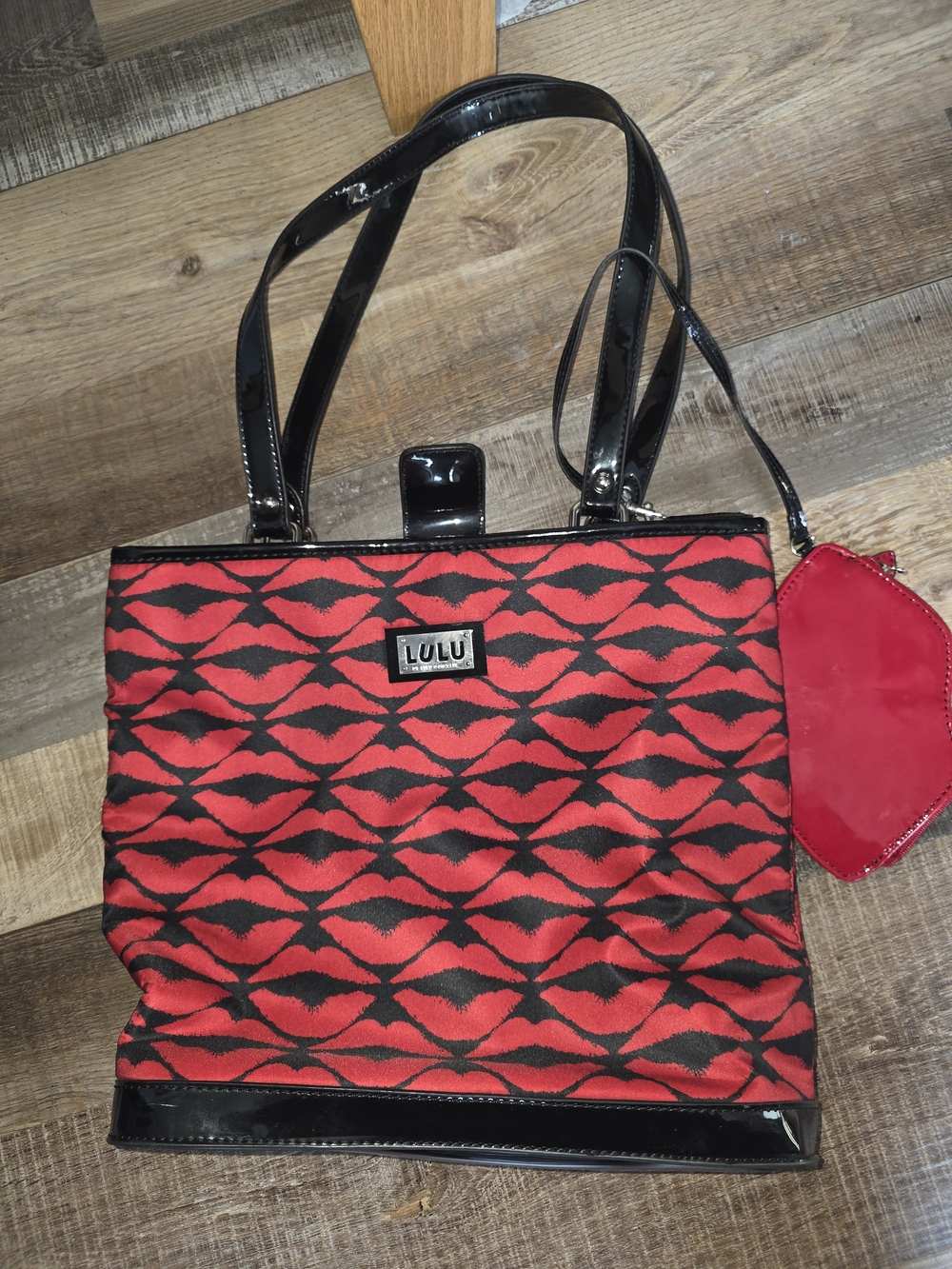 Lulu Guinness Red & Black Lip-Print Tote with Patent Trim